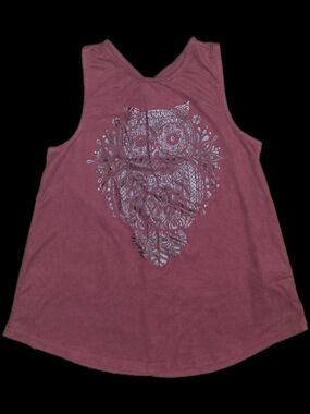 Size 6 Justice Maroon Tank Top with Silver Owl Graphic